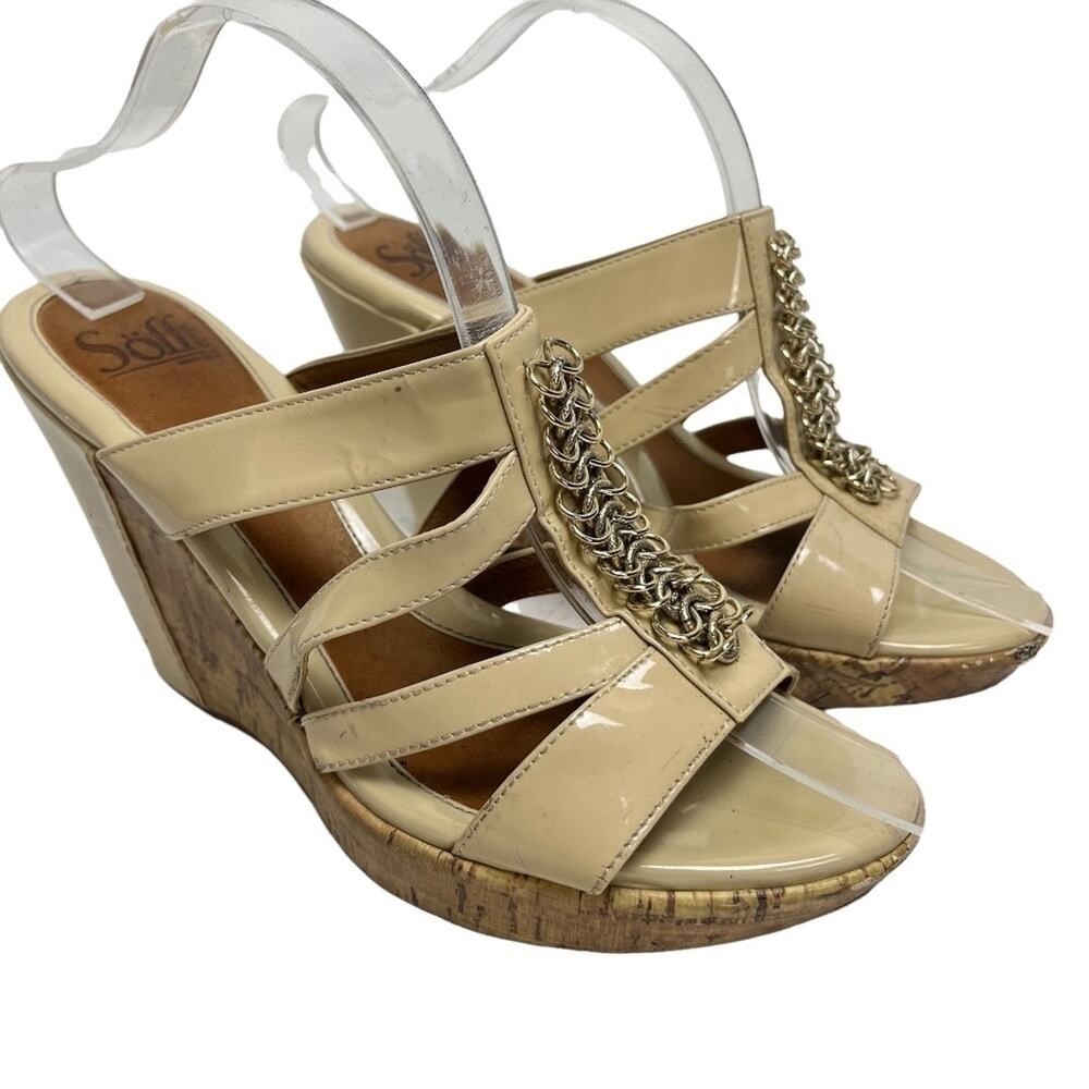 SOFFT Cream Ivory Patent Genuine Leather Wedges Slides Sandals Heels Shoes  7.5